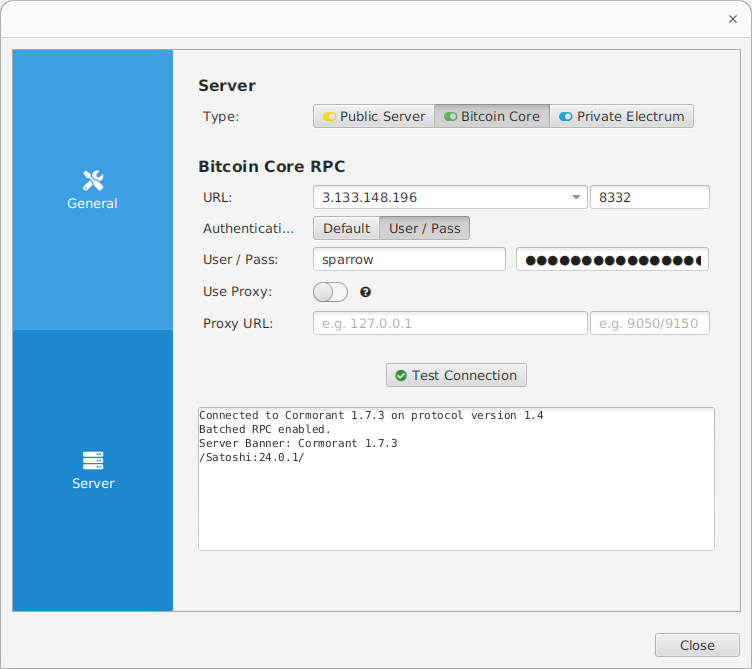 Sparrow Bitcoin Core Server Configuration Pane